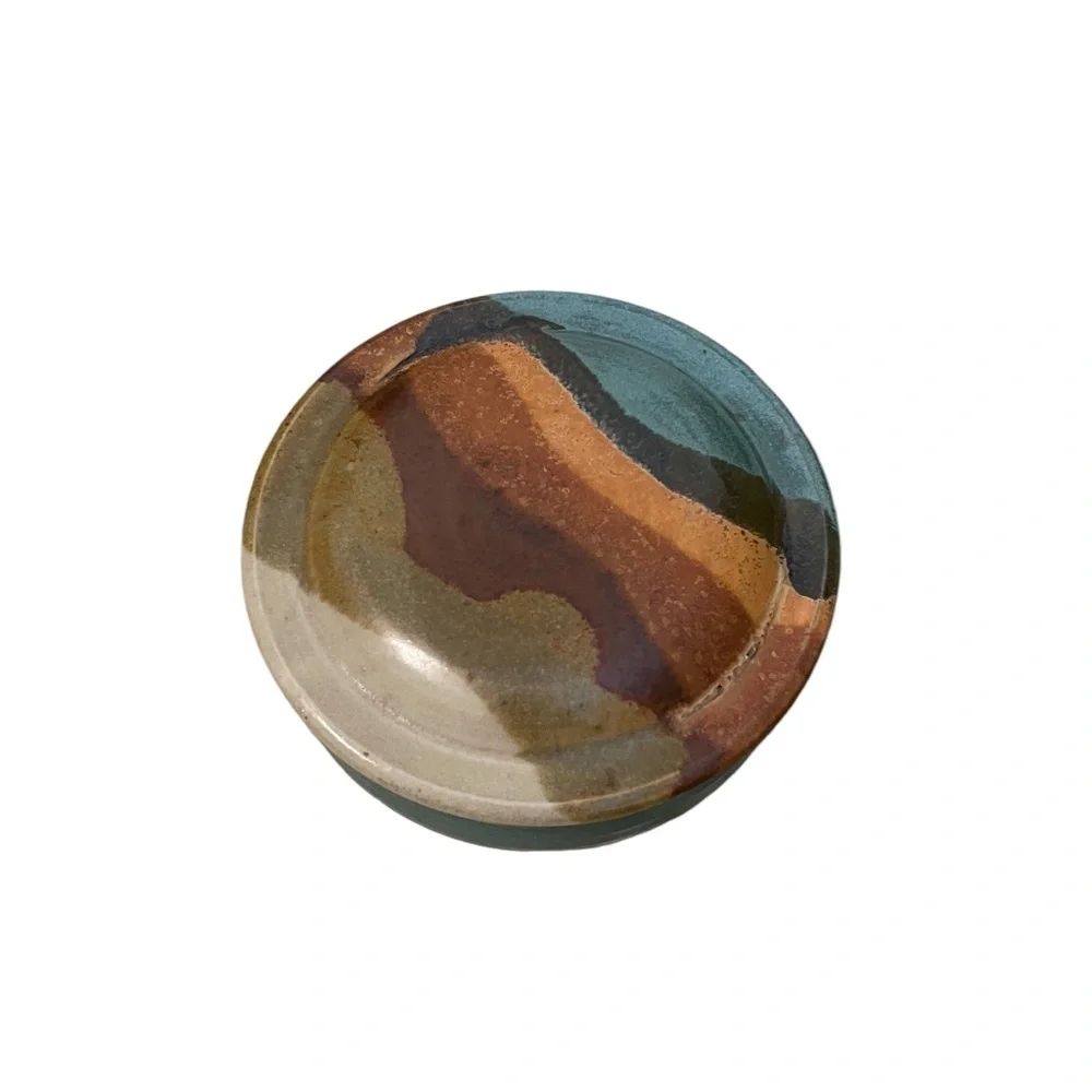 Vintage Handmade Clay Pottery Dish With‎ Lid Signed by Artist BrianTeal Blue